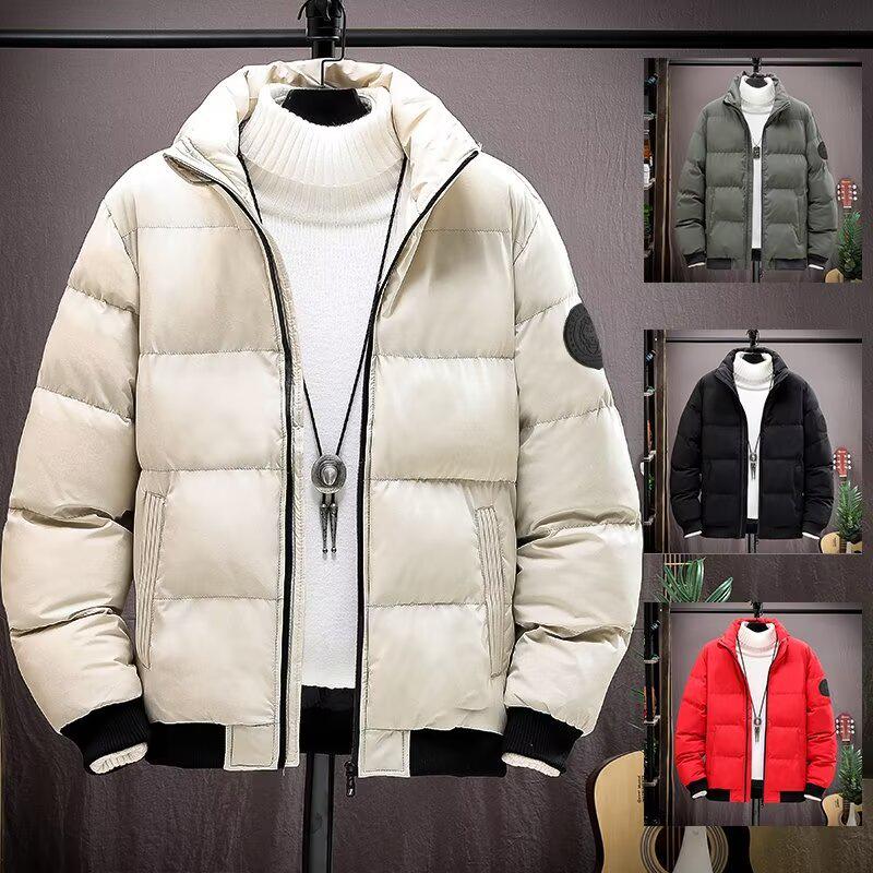 Men's Windproof Stand Collar Cotton Jacket: Autumn/Winter Trendy Streetwear, Thickened for Warmth and Cold Protection.