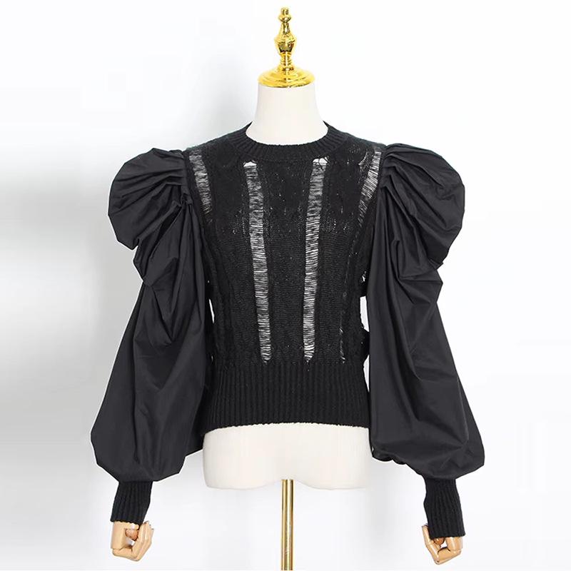 Women's Retro Court Knitwear Top - Autumn 2026, Patchwork Round Neck, Hollow Out, Long Sleeve, Waist-Cinched Sweater