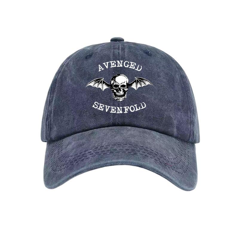 Unisex Vintage Avenged Sevenfold Bedruckte Hüte Vintage Used Denim Heavy Metal Band Schädel Baseballkappe Verstellbar Adjustable blue