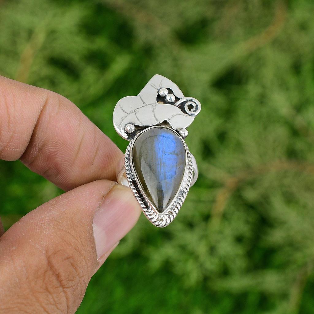 Labradorite Gemstone Sterling Silver Statement Bezel Wife Trendy New Ring US 6.5
