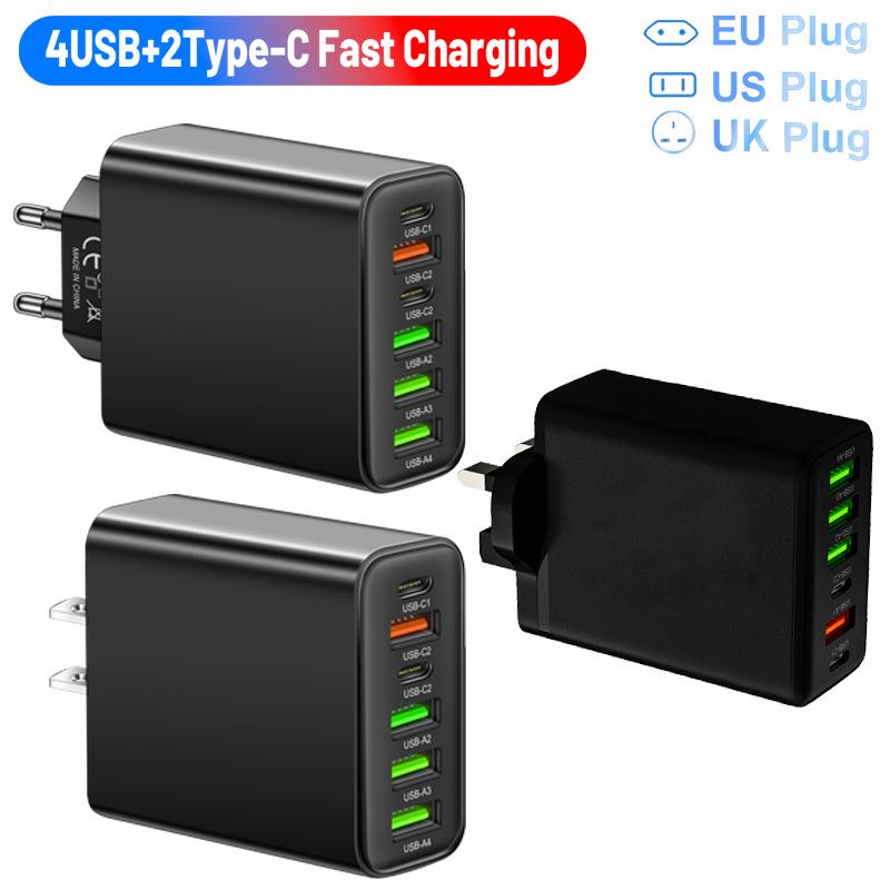 Multi-Port Charger: 2 Type-C PD + 4 USB Ports, 3.1A, Ideal for Travel