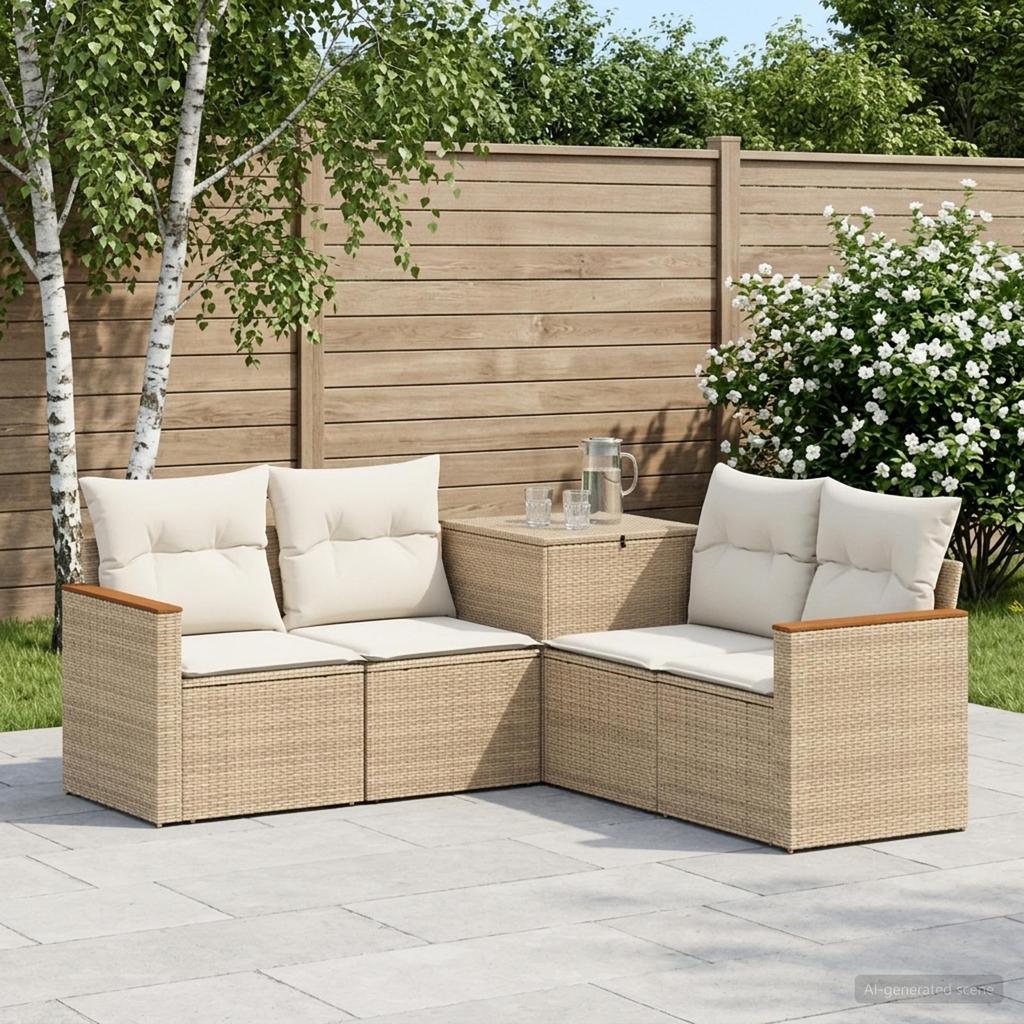 Sofa Set 5 pcs. Beige and Cream White Poly Rattan and Steel