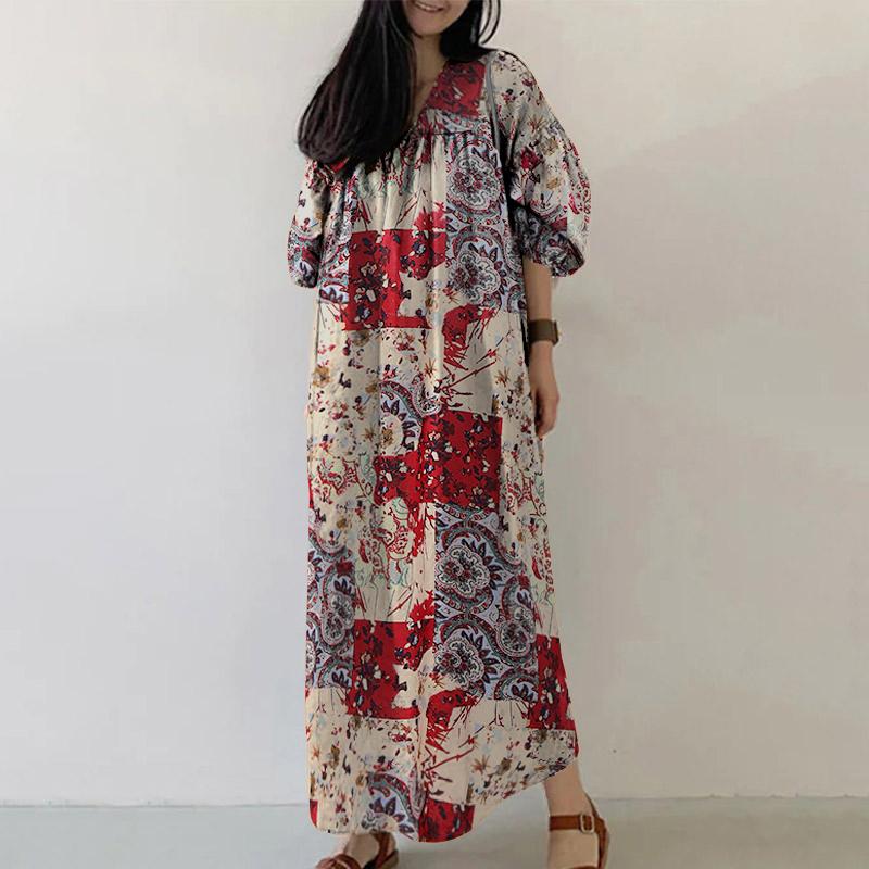 ZANZEA Women Summer Print Casual V-Neck Loose 3/4 Sleeve Long Dress