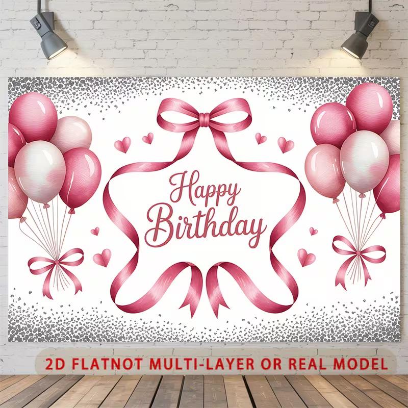 2D Pink Balloon Happy Birthday Backdrop with Hearts and Ribbons Party Banner