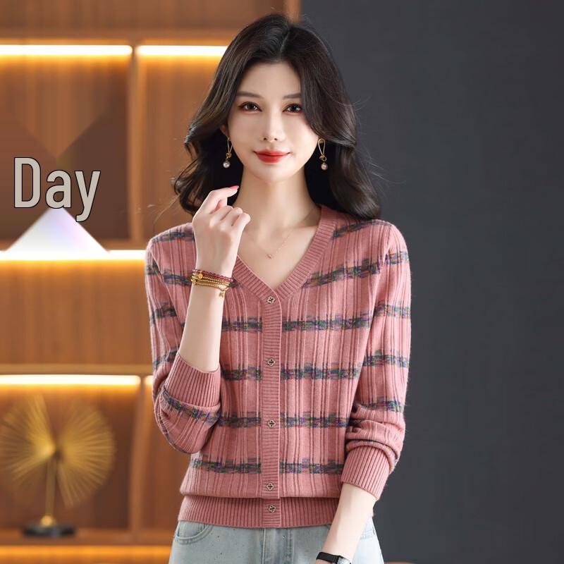 ROMON Women's V-Neck Striped Knit Cardigan