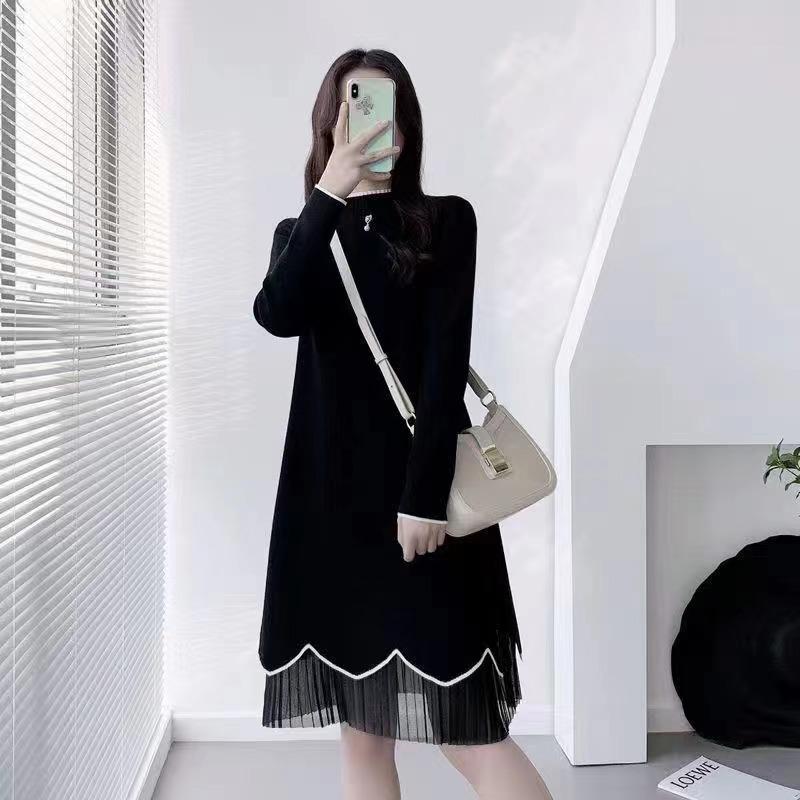 

Свитер Женское Длинное Платье Осенняя И Зимняя Одежда Модная Новая Поддельная Двухсекционная Свободная Круглая Шея Длинный Рукав Трикотажное Платье чёрный