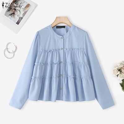 Women Casual Round Neck Solid Color Long Sleeve Blouse