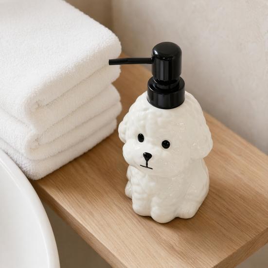 Dispensador de Sabão para Cães em Cerâmica de 400ML com Bomba Plástica, Recipiente Reabastecível em Formato de Filhote para Sabonete Líquido de Mãos, Frasco Vazio para Gel de Banho e Loção para Banheiro