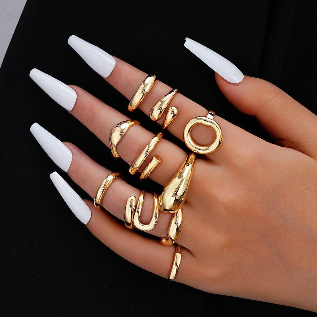 European & American Metal Texture Ring Set: Smooth, Exaggerated Geometric Open Rings for Women