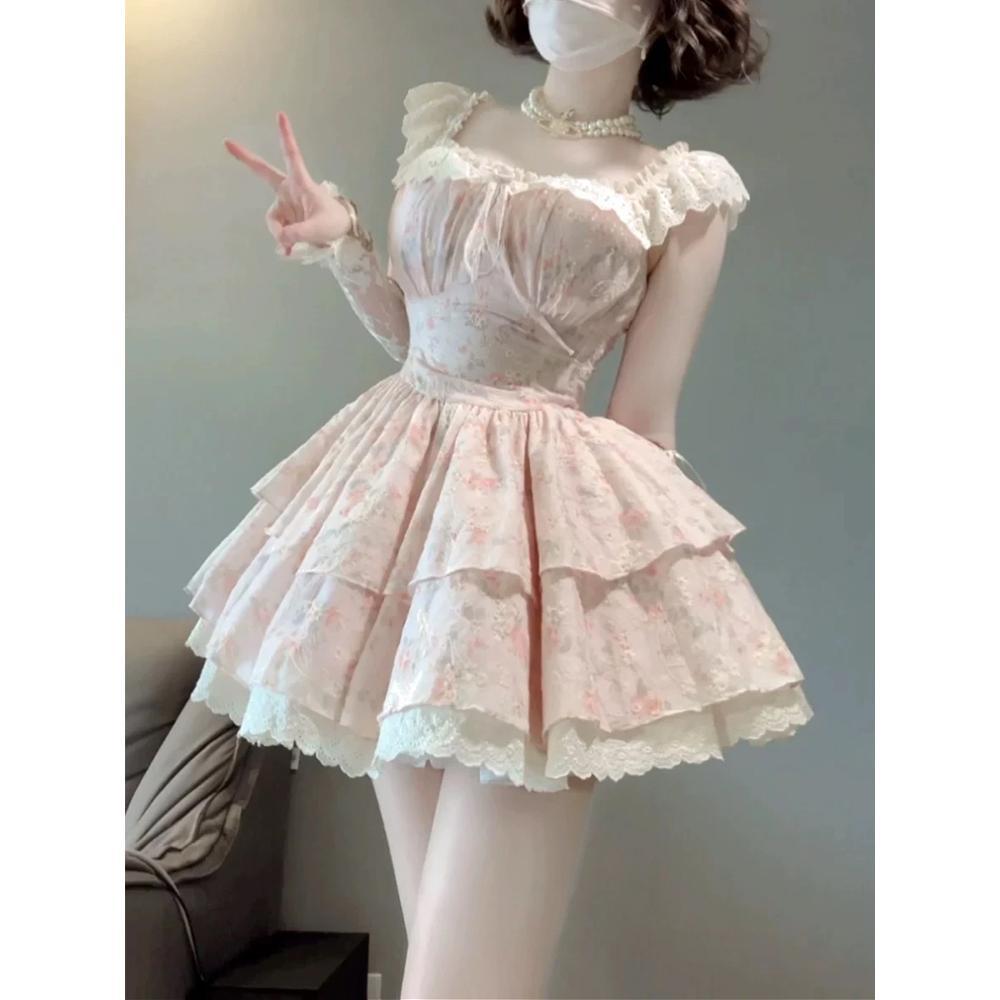 Japanese Sweet Summer Small Flying Sleeves New Floral Waist Dress Female Student Princess Fluffy A-word Short Skirt