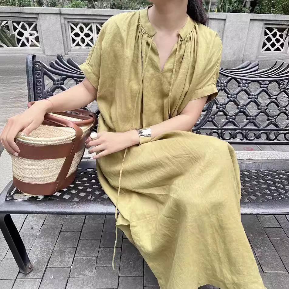 Women's French Linen Pleated Smock Dress
