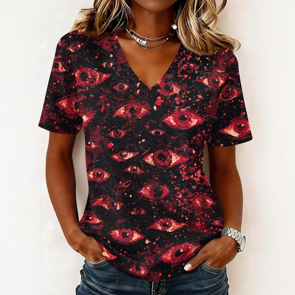 Haut pull décontracté pour femme à col en V, manches courtes, imprimé graphique Halloween, coupe ample, t-shirt léger pour un usage quotidien