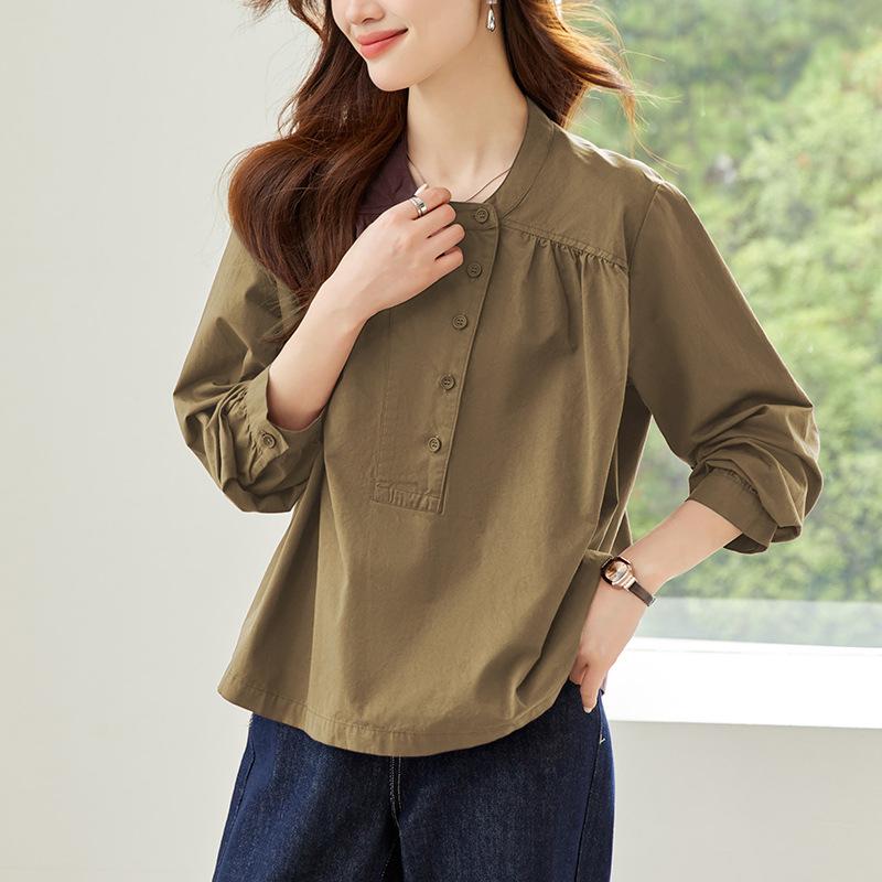 Cotton Shirt Pullover Top Crew Neck Long Sleeve Shirt Commuter Loose Top