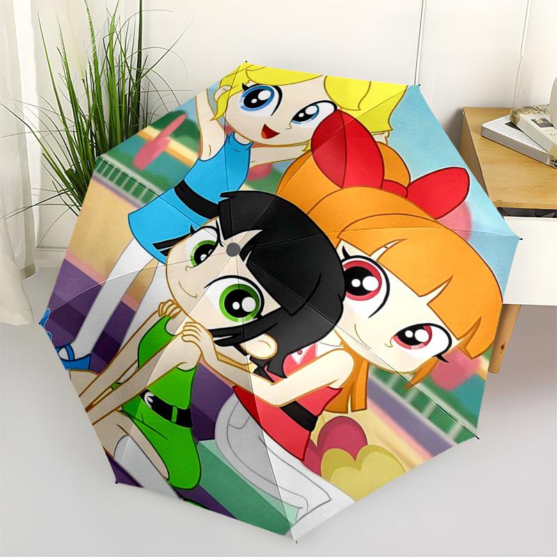 

1pc Powerpuff Girls Automatic Opening/Closing Outdoor Umbrella with Portable Tri-Fold Design, 8-Rib Iron Frame - Outdoor for Fans, Travelers, Dai