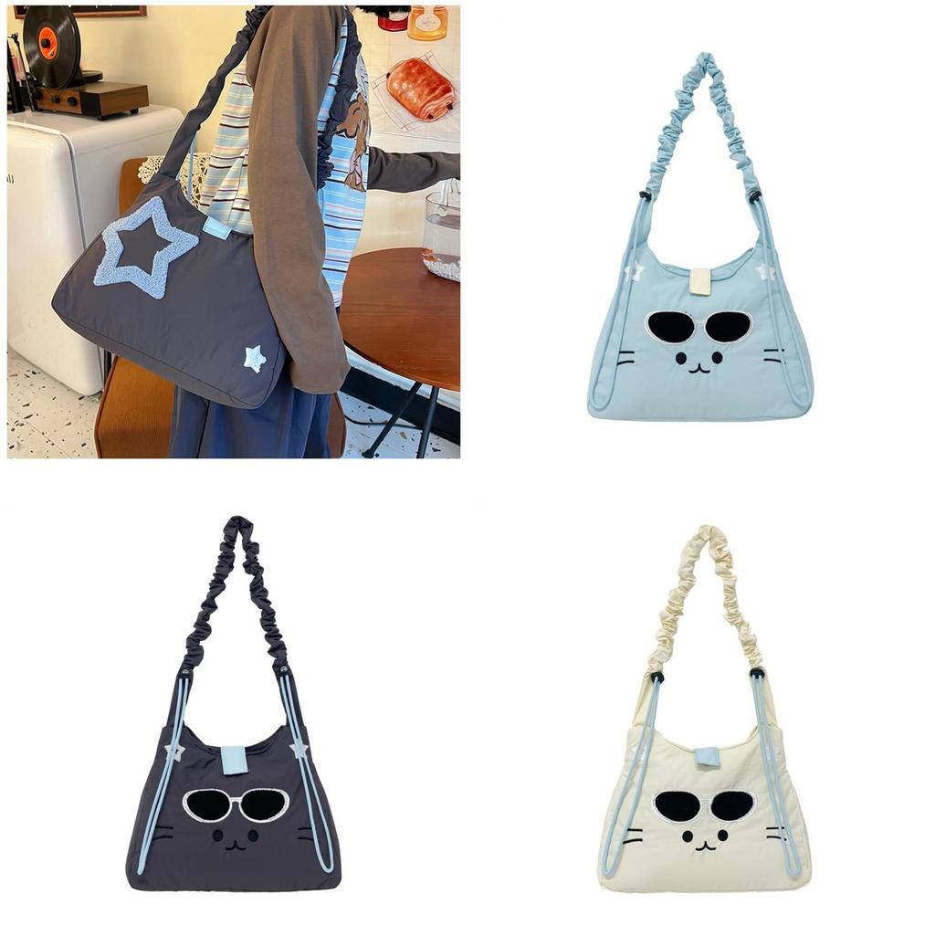 Korean Style Embroidered Cat Shoulder Bag With Nylon Material For Casual Daily Use