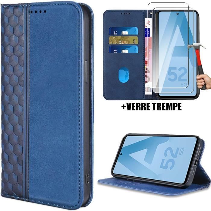 Case + 2 Tempered Glasses for Samsung Galaxy A52 4G-5G A52s 5G, Leather Effect Protection Magnetic Closure - Navy Blue