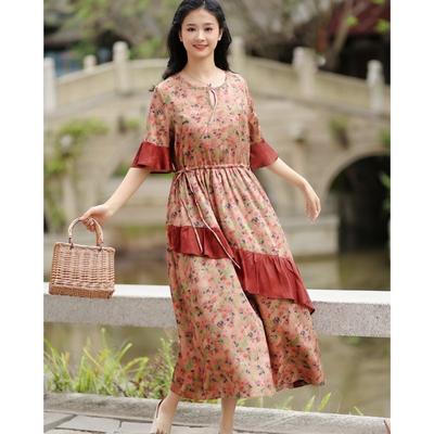 Woman Summer Fashion Print Devise Half Sleeve Dress Splicing Contrast O-Neck Dress
