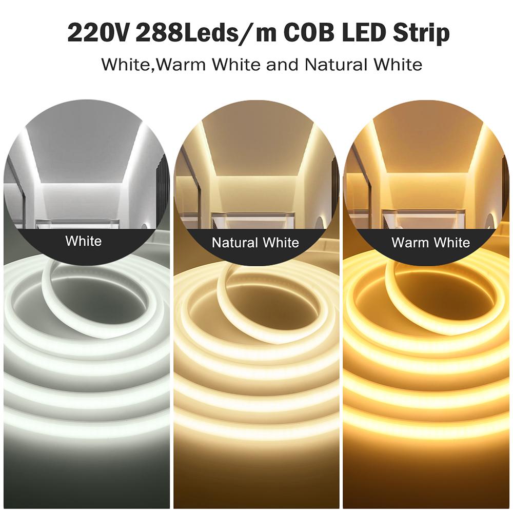 BMW 220V Dimmable COB LED Neon Strip Light Dimmer Switch Plug Kit Waterproof 288 LED Flex Tube Lamp Hight Bright Warm/Natural White