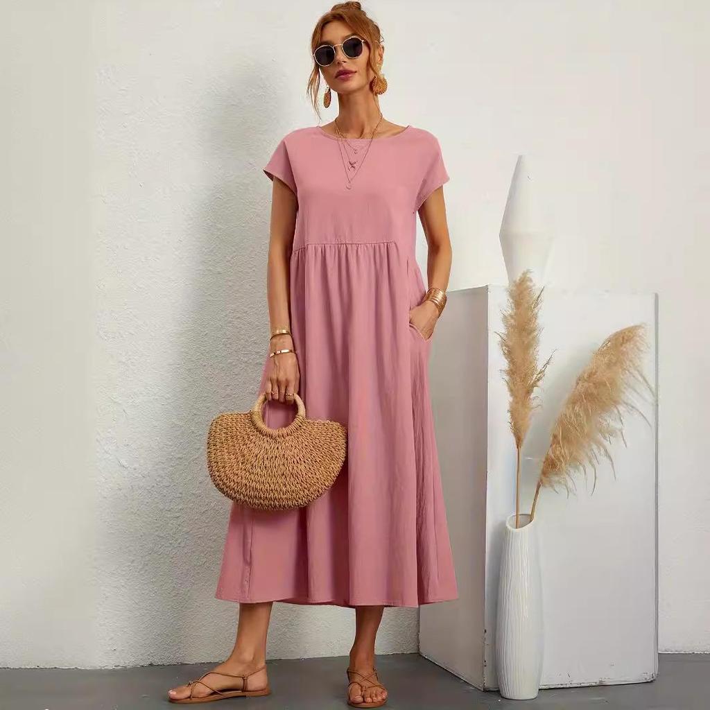 2024 European & American Solid Color Sleeveless Loose Cotton-Linen Pocket Women's Dress