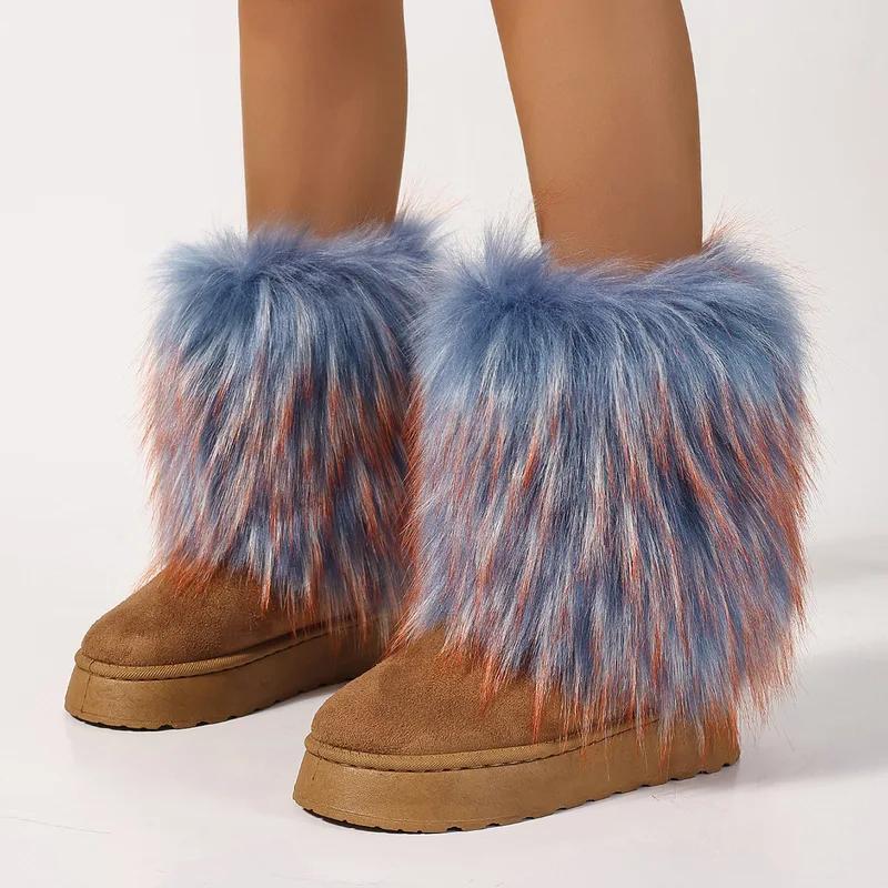 Winter women faux fur snow boots warm short plush lining fluffy fashion furry shoes woman platform suede leather ankle boots