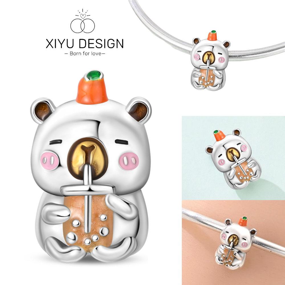 Cute Pet Series Capybara Couples Charms Eat Fruit Beads Fit Diy Copper Bracelet Necklace Women Anniversary Jewelry Gift