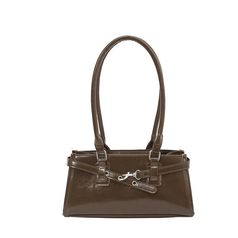 PU Leather Retro Shoulder Bag Large Capacity Boston Pillow Handbag with Metal Belt Buckle Leisure Armpit Bag Commute Handbag