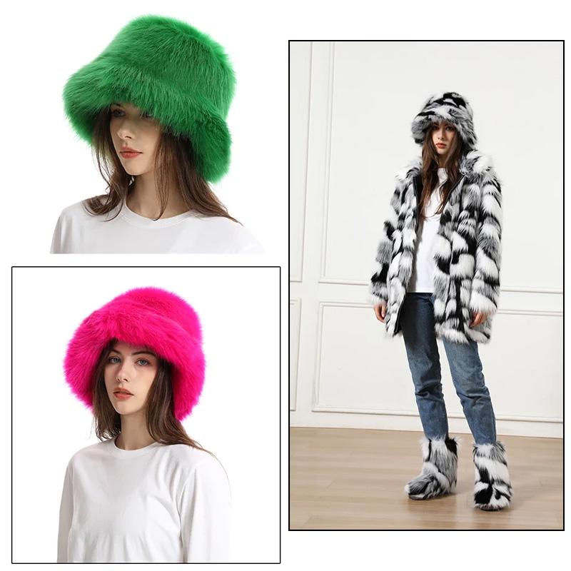 1ks Klobouk bucket pro ženy Hrubý plyšový Zimní Umělá kožešina Módní Rybářský klobouk Huňatý Luxusní