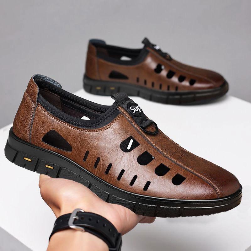 Men's Breathable Hollow Out Leather Slip-On Lightweight Casual Loafers.