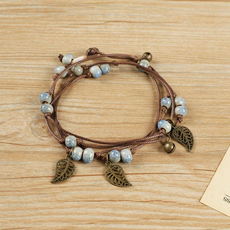 Vintage Bohemian Ceramic Bracelet Girl Sweet Bell Leaf Versatile Waist Chain Multi-circle Bracelet Jewelry