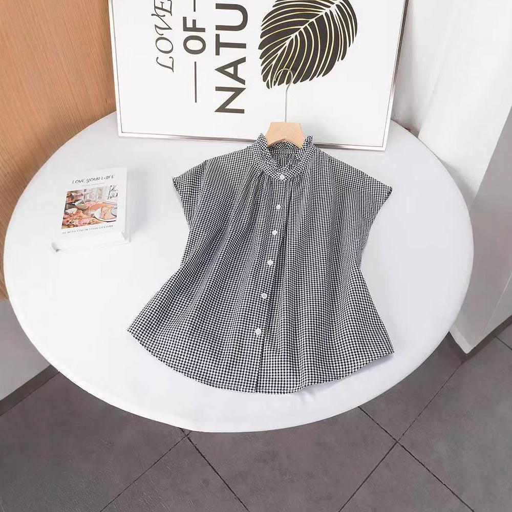 

2025 Summer Plaid Ruffle Linen-Blend Blouse - Short Sleeve Women s Top Medium