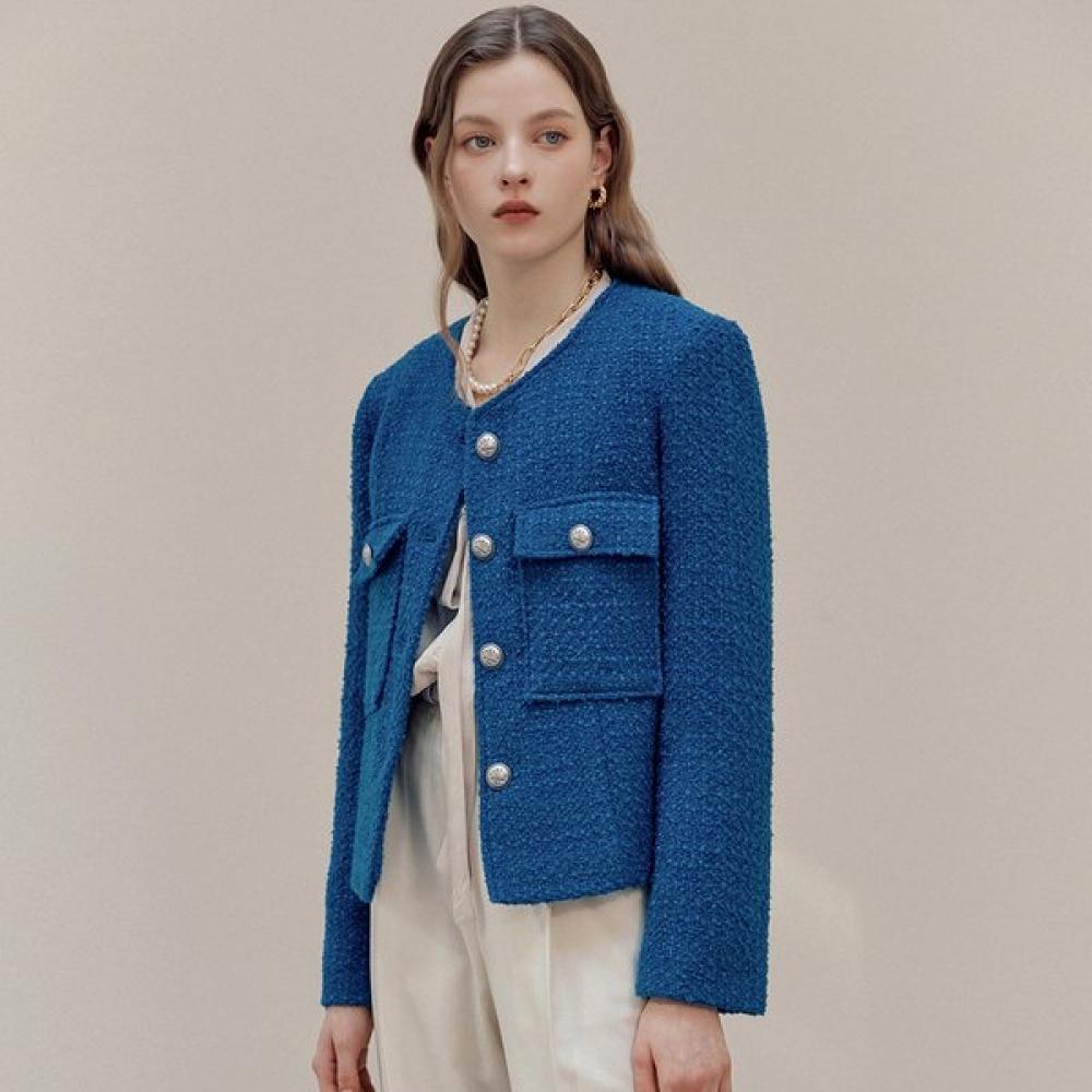 Maxza Flap Pocket No Collar Wool Blend Tweed Jacket Zd03qj600on Blue/FREE