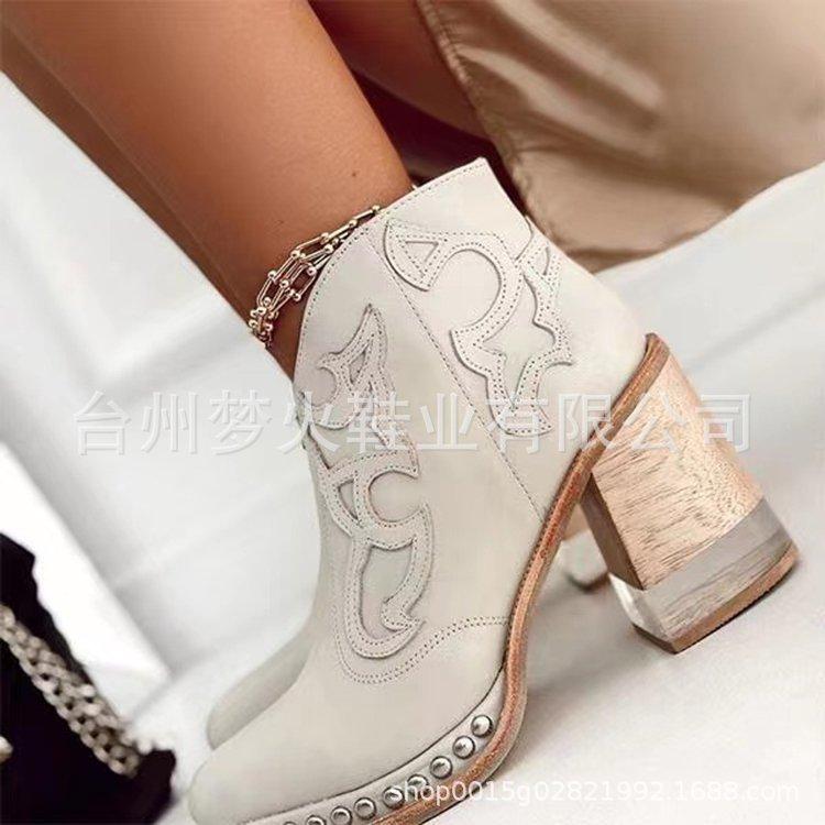 Pointed Solid Color Textile Coarse Heel Skin Tone Viscose Shoes Low Top Casual Round Top Martin Boots