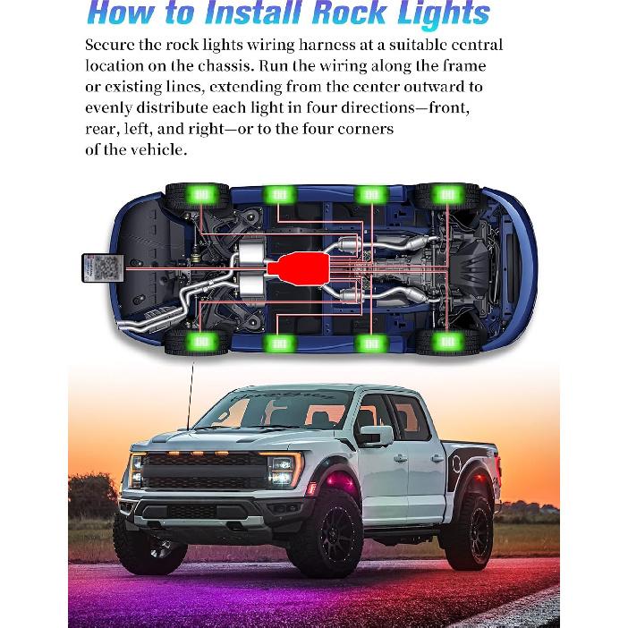 8 Pods RGB LED Rock Lights with APP/RF Remote Control High Brights Waterproof Underglow Multicolor Zone Neon Exterior Rock Lights for 12V Trucks Jeep
