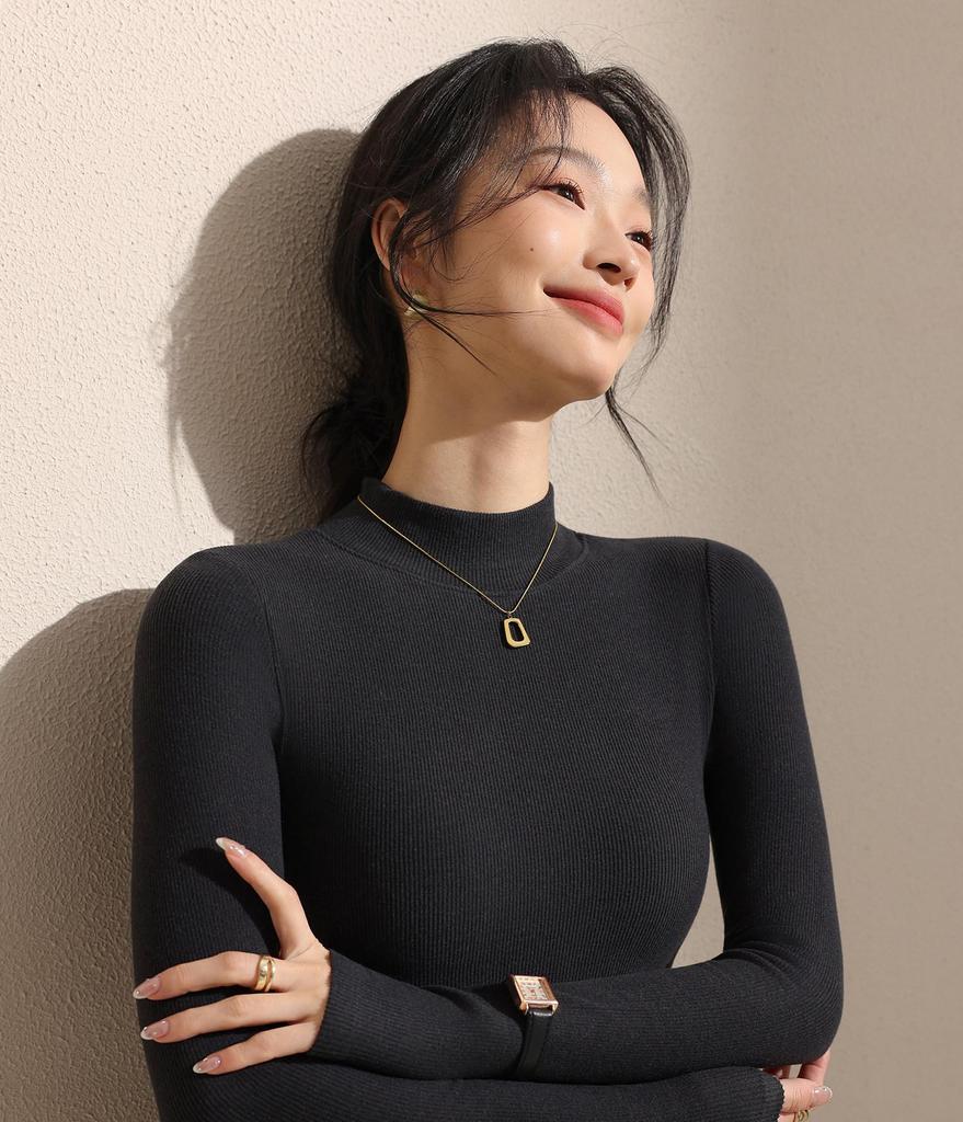 Women's Black Fleece-Lined Half-High Neck Base Layer Knit Top - Thickened Long Sleeve for Autumn/Winter 2026