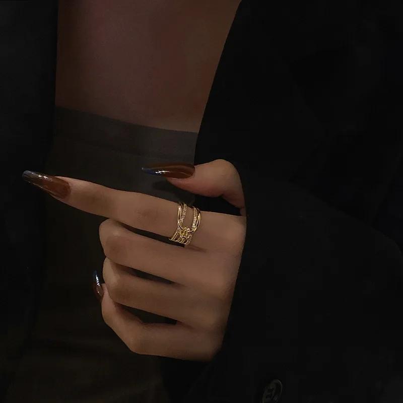 Gold Color Irregular Opening Rings For Women Shiny Zircon Copper  Color Geometric Ring Female Korean Fashion Jewelry Gift
