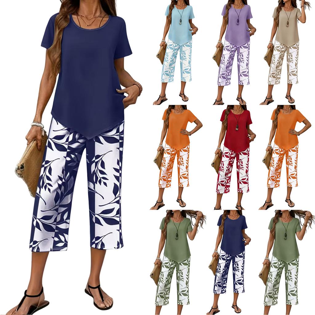 Damen Freizeit Zweiteiler Set Kurzarm Oberteil mit Hoher Taille Weiter Bein Bedruckte Hose Leichte Loungewear Sommer Outfit