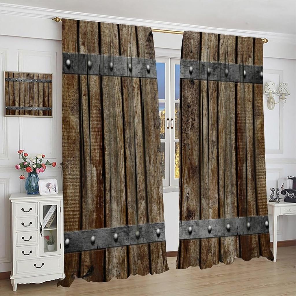 Brown Wooden Curtains   Rustic Old Plank Western Vintage Farmhouse Barn Door Prints Blackout Rod Pocket Window Treatments Drapes