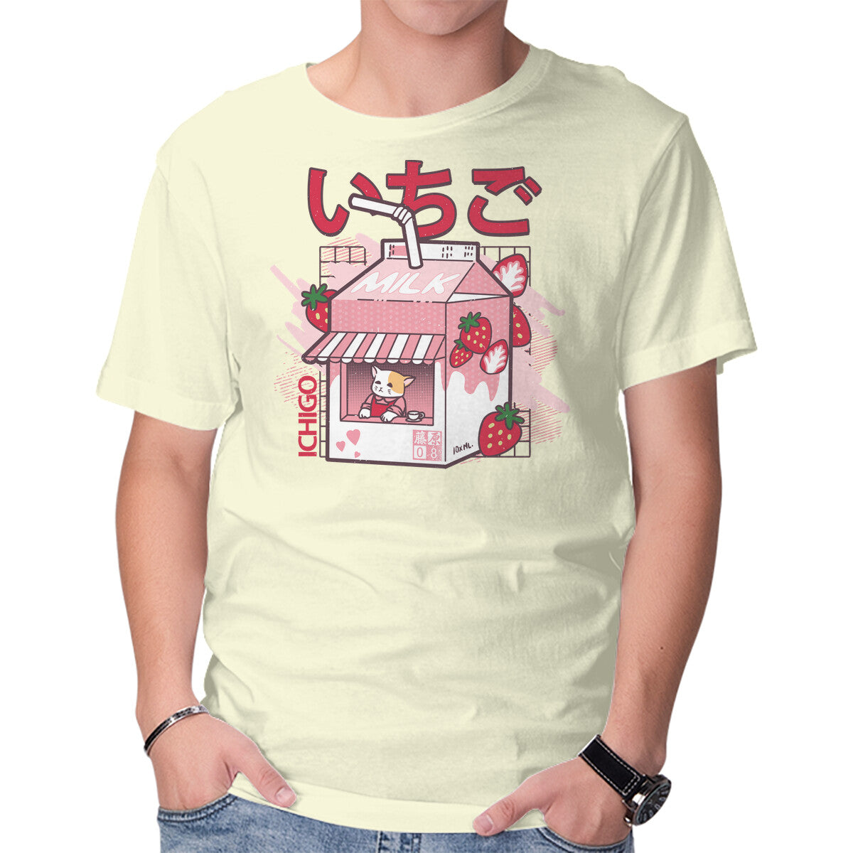Unisex Crew Neck T-Shirt Strawberry Milk Graphic Short Sleeve Casual Tee L