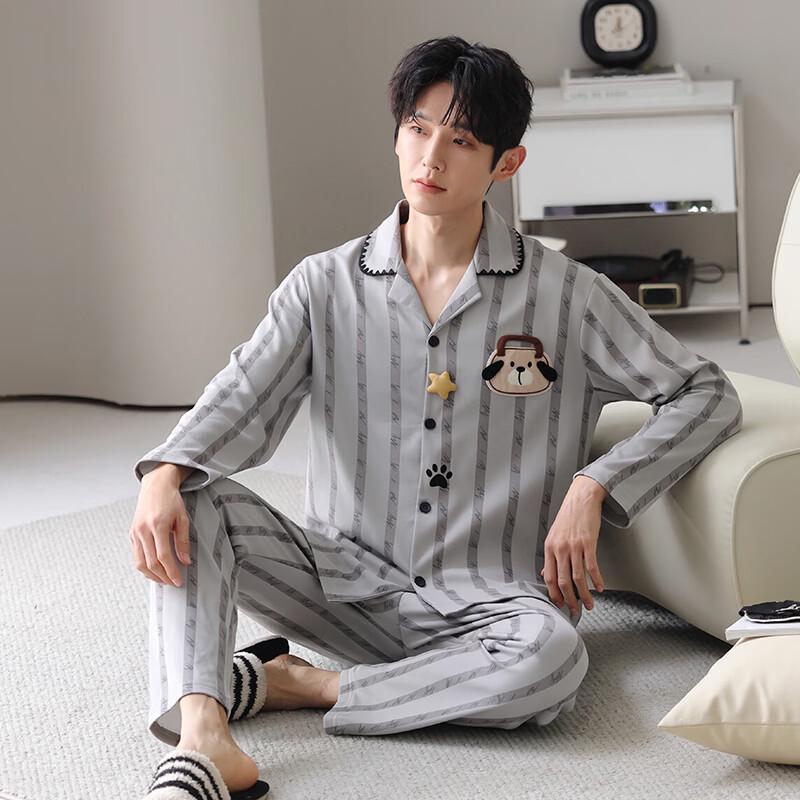 Langsha Men's 100% Cotton Long-Sleeve Pajama Set