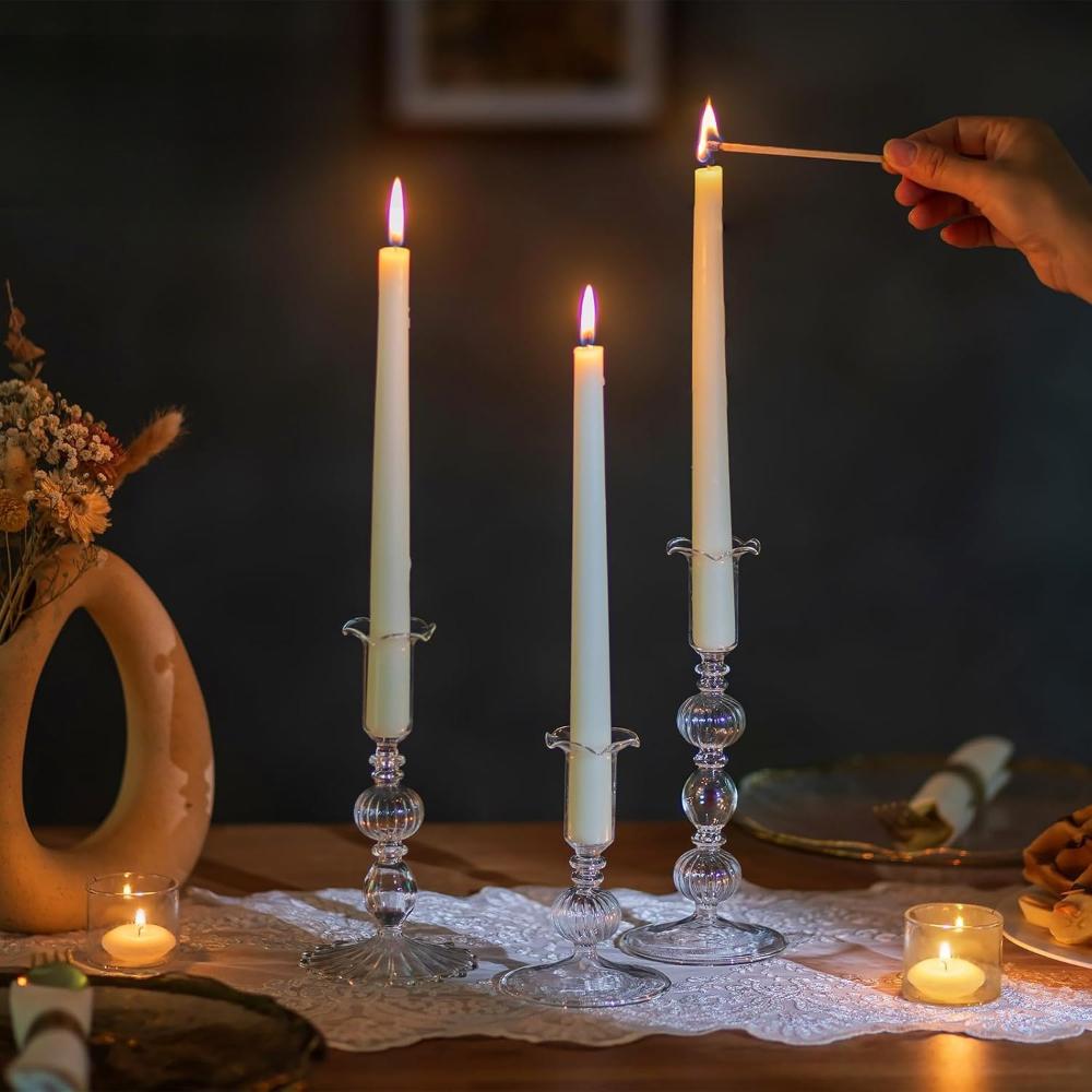 3pcs Glass Tapered Clear Candle Sticks Holder Modern Ribbed Candle Holders for Table Centerpiece Wedding Home Decorations