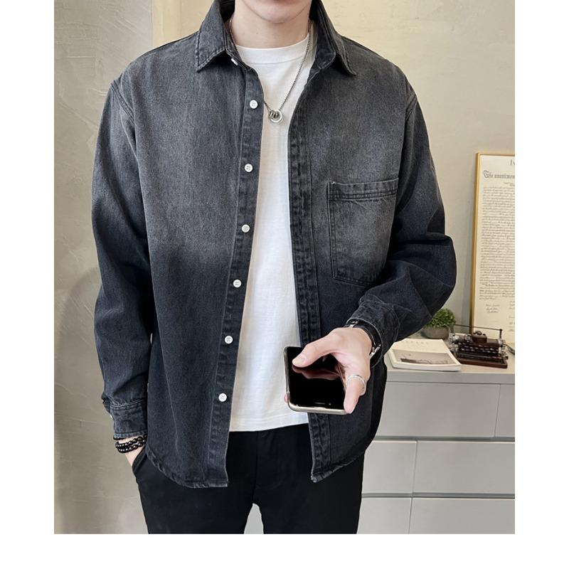 Men's Washed Denim Long Sleeve Shirt Casual Pocket Detail Streetwear Top