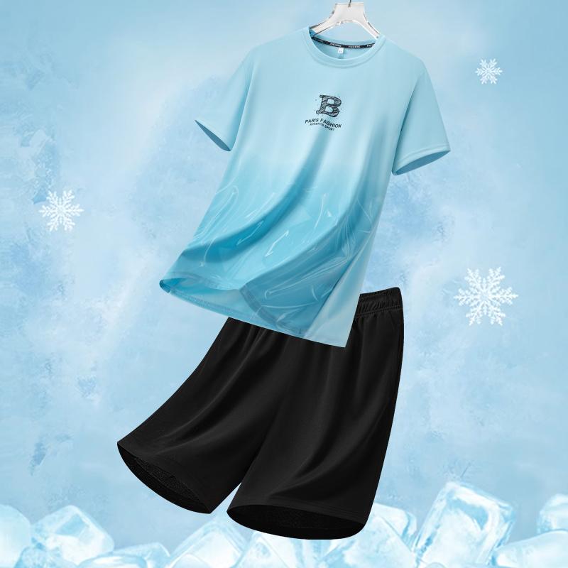 Ensemble de Sport en Soie Glacée pour Homme Été Col Rond Séchage Rapide Manches Courtes Coupe Ample Deux Pièces