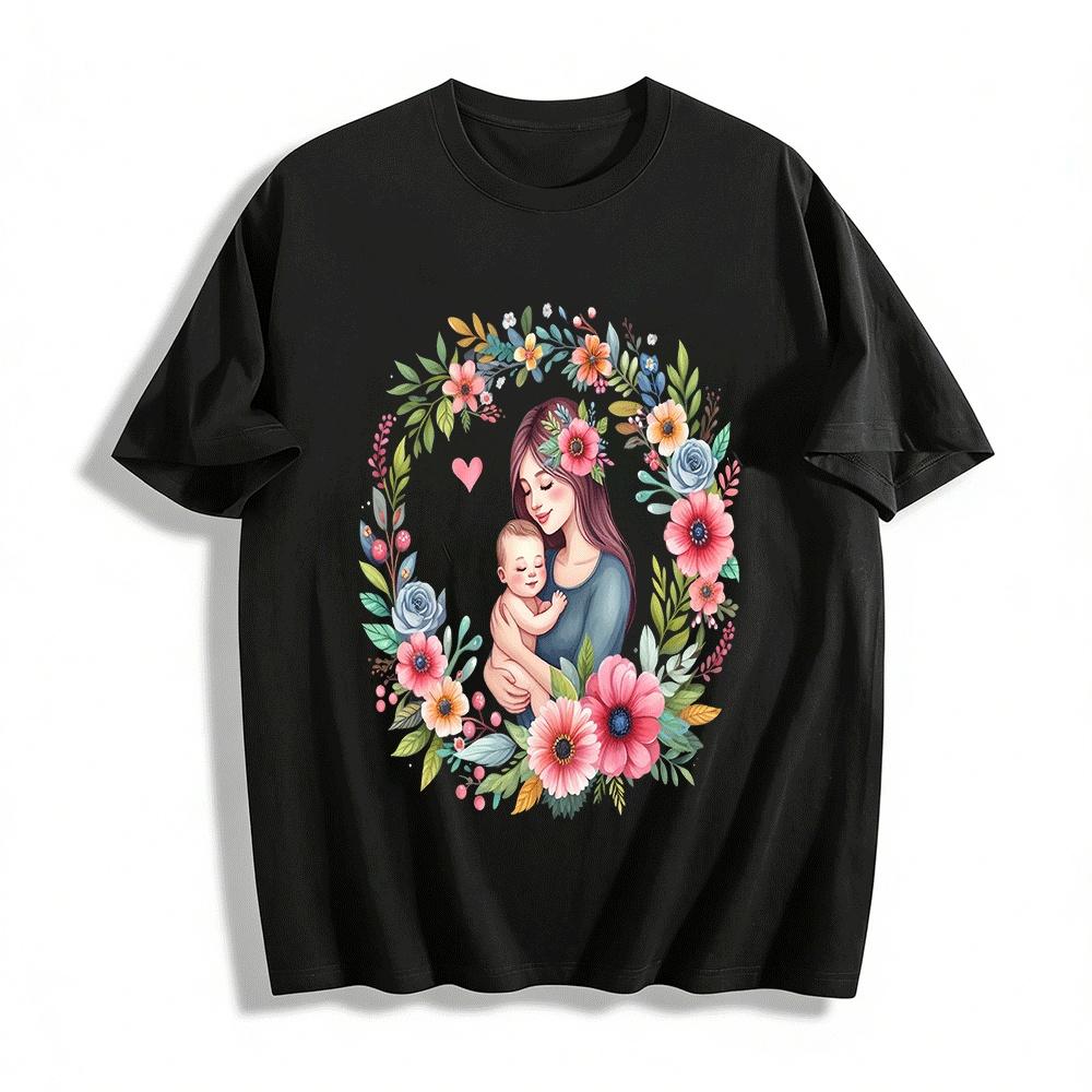 Mother And Baby Floral Print Casual Crewneck T-Shirt Pure cotton T-shirt XXS