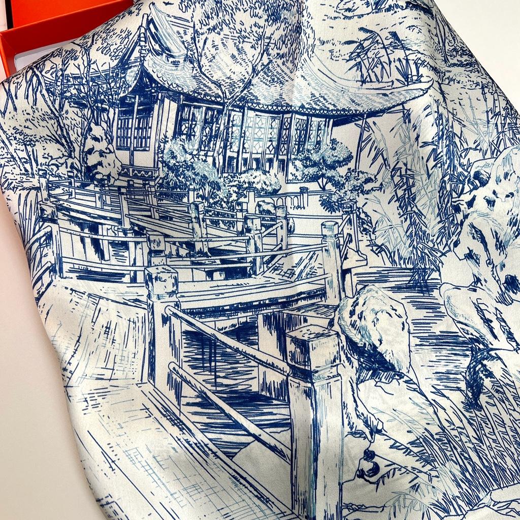 Shiyun Jiangnan Ink Painting Wind Garden 100% Mulberry Silk Retro Versatile Color Matching 90 Square Scarf Neck Protection Small Scarf,