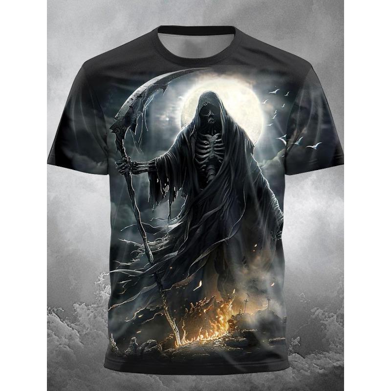 Hot selling European and American men's summer personalized skull print Halloween breathable round neck T-shirt outdoor party to