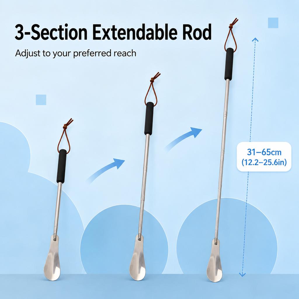 Portable Long Handle Shoe Horn Telescopic Metal Shoe Helper with Hanging Rope for Elderly Pregnant Adults Easy Shoe Wearing Tool