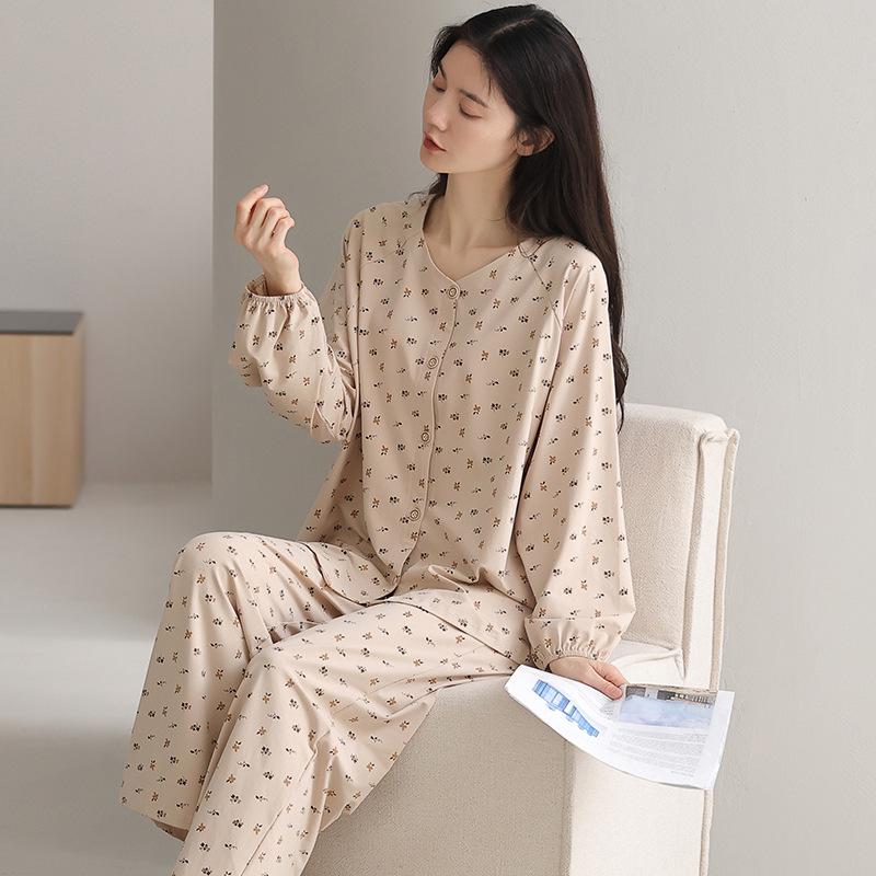 Pajamas women's spring and autumn pure cotton long-sleeved autumn new floral cardigan large size women's clothing can be worn outside loungewear suit