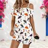 Women Plus Size One Shoulder Strappy Short Sleeve White Printed Loose Dress