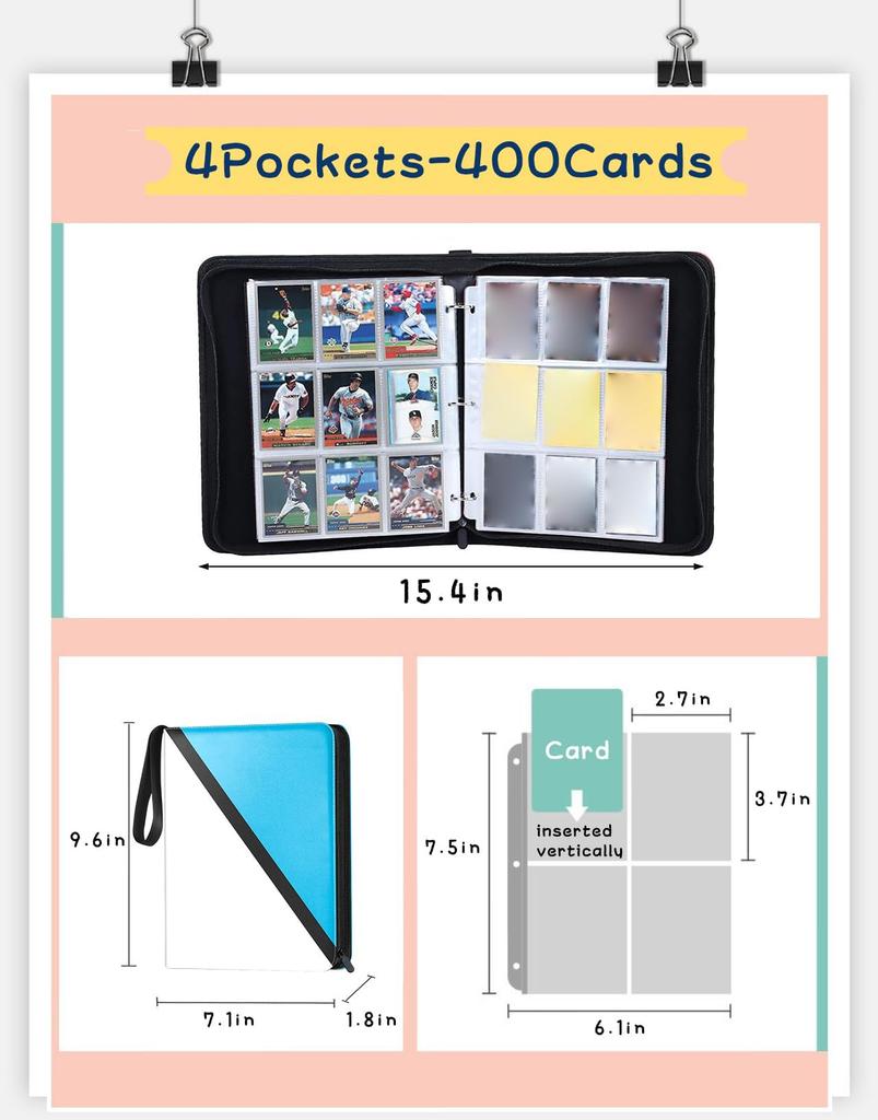 Card 4 Holds 400 File Pokemon Trading Card File Collection File, Pockets, Cards, Case, Storage, TCG, Binder, Holder, (4 Pockets/400 Cards, Blue)