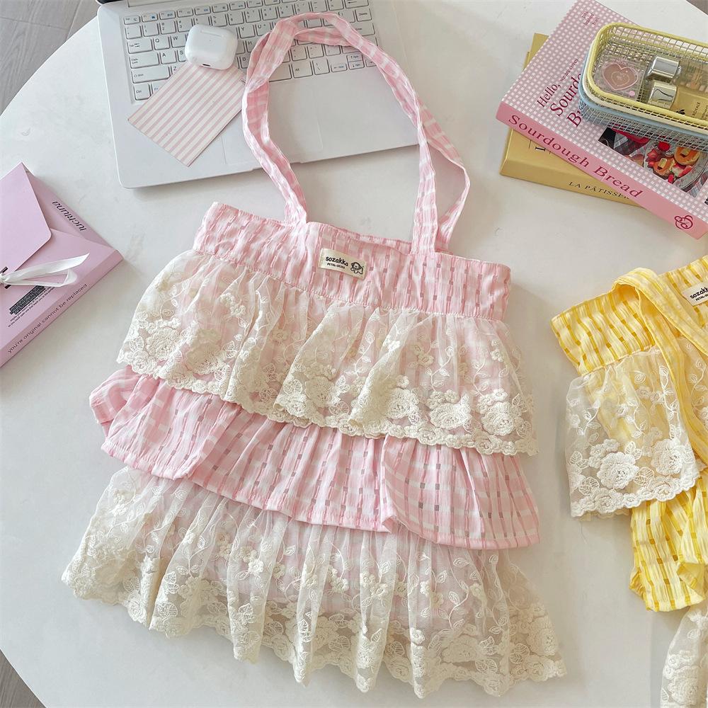 New popular plaid color matching lace single shoulder underarm bag large capacity tote bag portable cloth bag